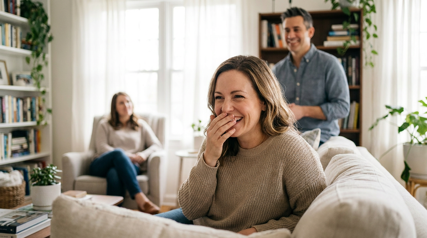 Claire, laughing genuinely with a friend in a sunlit living room, her hand lightly covering her mouth, showcasing a natural, confident smile.