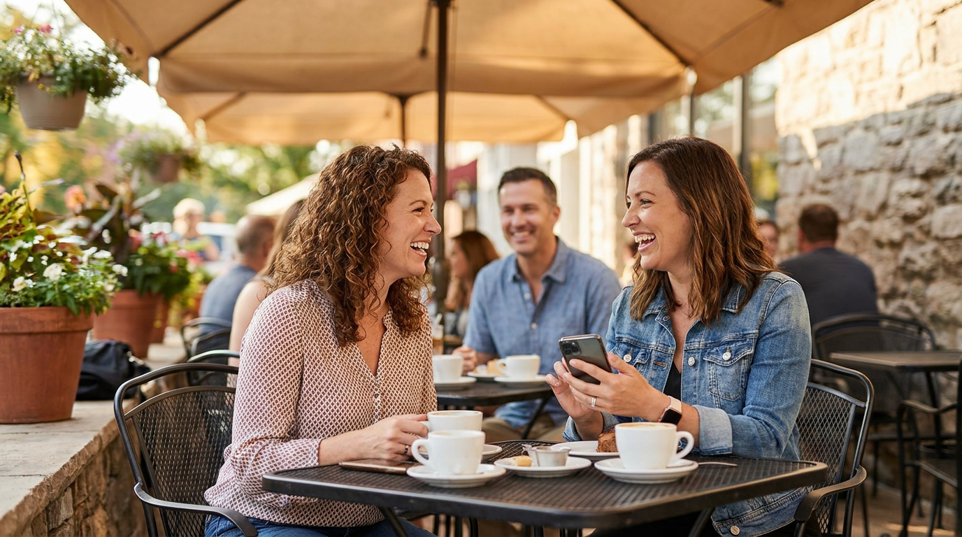 Claire, smiling broadly and chatting animatedly with Brittany, at a sunny outdoor cafe.
