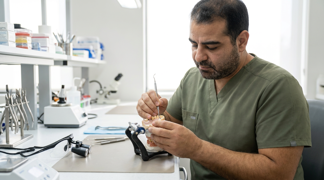 Dr. Mark Farag, a man in his 40s in olive green scrubs, meticulously uses a dental tool to prepare an abutment tooth on a dental model, demonstrating the detailed work involved.