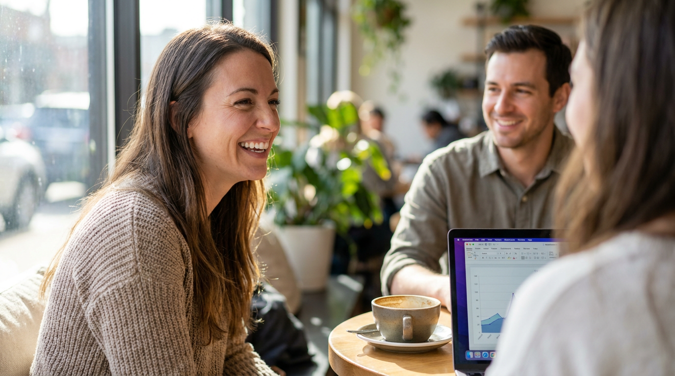 Brittany, smiles genuinely at a friend across a cafe table, her teeth looking healthy and well-maintained.