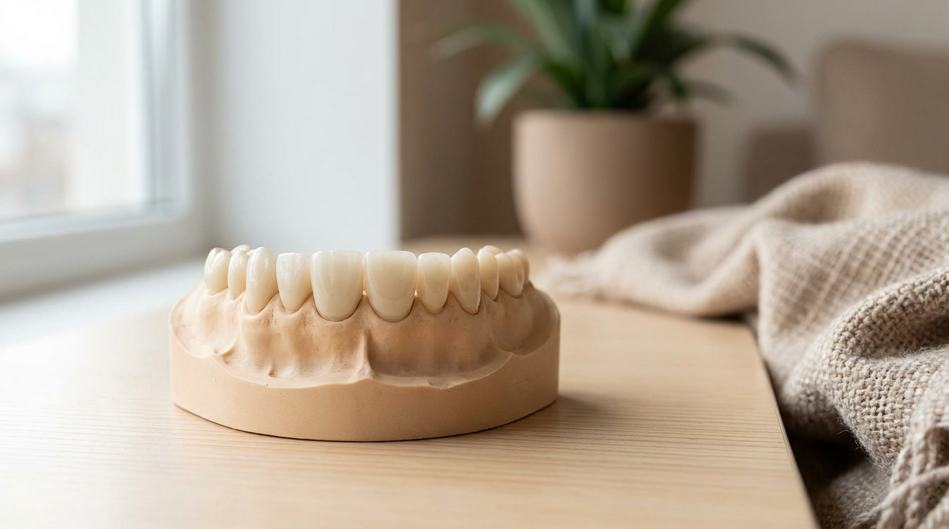 A close-up shot of a well-maintained dental bridge, seamlessly integrated into a set of natural-looking teeth.