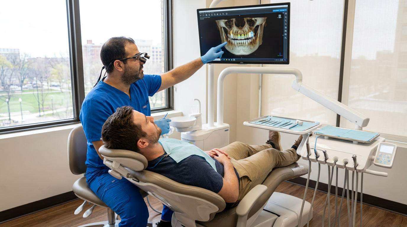 Dr. Mark Farag, a man in his 40s wearing blue scrubs and a dental loupe, gently examines Tyler, who is seated in a modern dental chair.