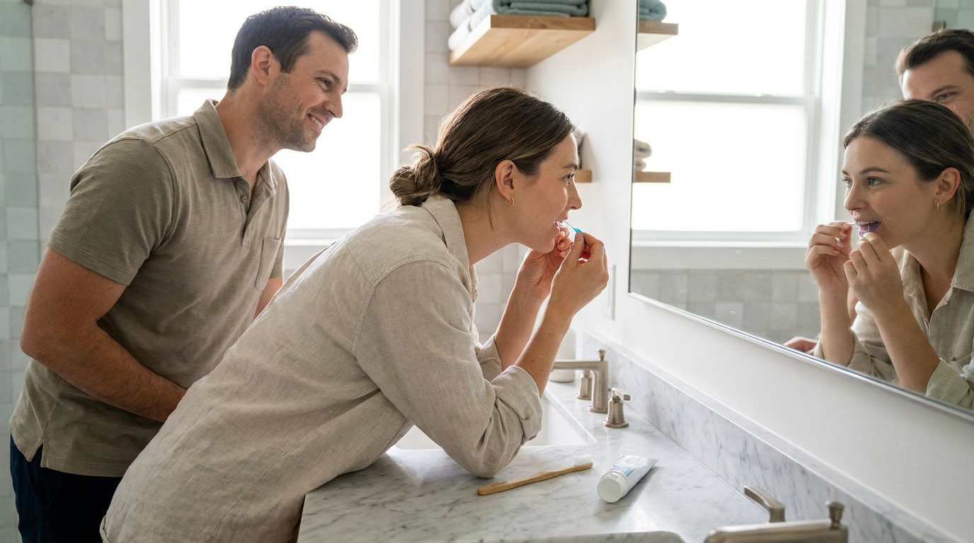 Paige, uses a floss threader to clean underneath her dental bridge, focusing intently in a well-lit bathroom.