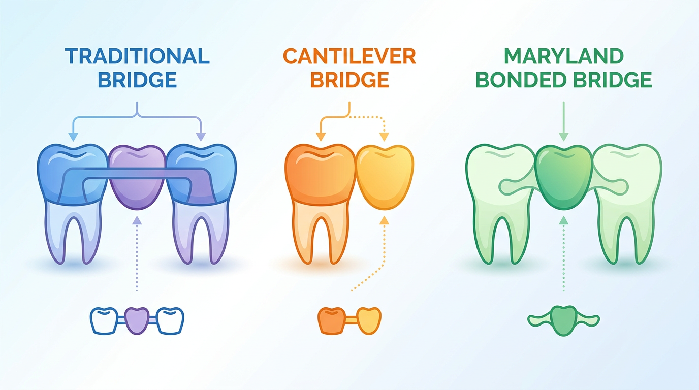 A conceptual visual comparing three types of dental bridges: a traditional bridge clearly showing crowns on two abutment teeth supporting a pontic, a cantilever bridge with one abutment tooth, and a Maryland bonded bridge with wing-like