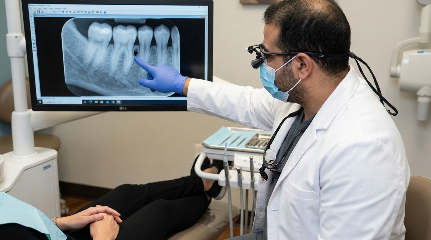 Dr. Mark Farag, wearing a white lab coat, blue surgical mask, and loupes, points to a dental X-ray on a monitor while a patient lies in a dental chair.