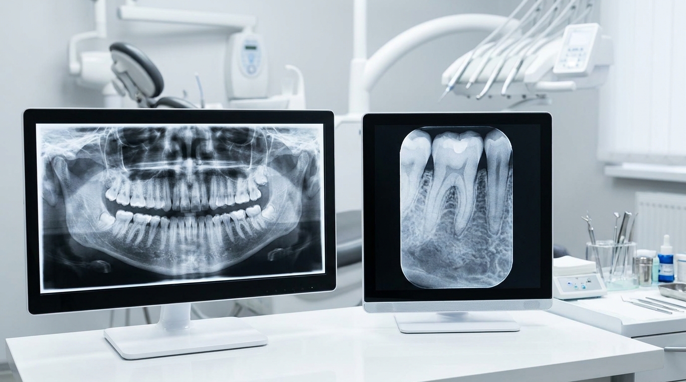 Two computer monitors display dental X-rays in a dental office with a dental chair and instruments in the background.