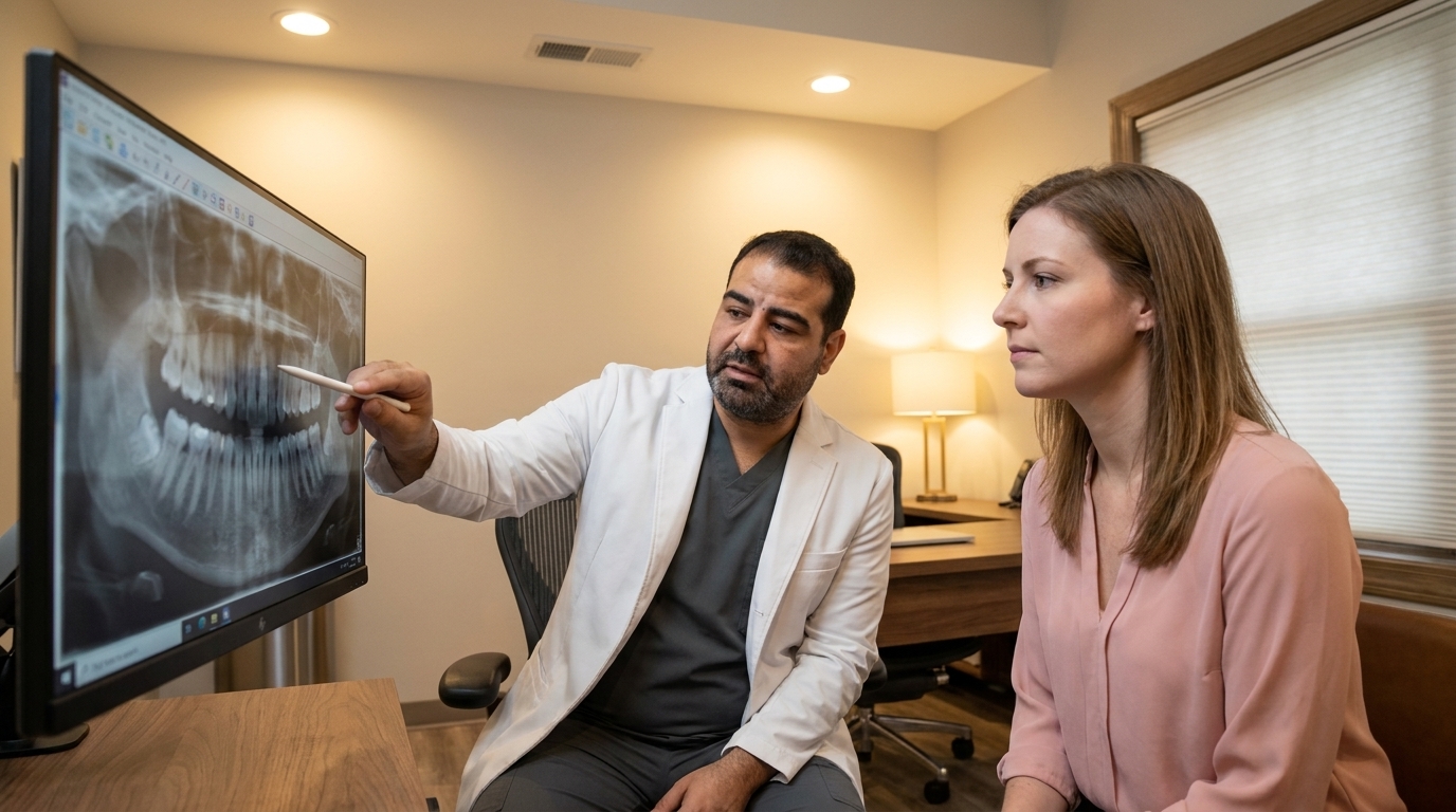 Dr. Mark Farag, wearing a white lab coat over gray scrubs, points to a dental X-ray on a computer monitor as a woman in a pink blouse looks on in a modern office with warm lighting.
