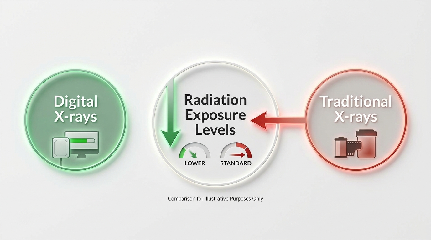 An infographic displays three circles: "Digital X-rays" with a green glow, "Radiation Exposure Levels" in the center, and "Traditional X-rays" with a red glow.