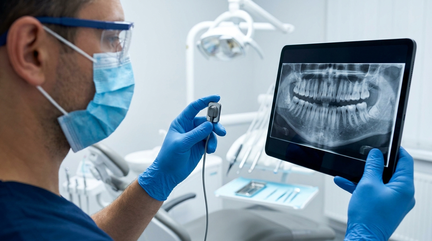 A male dentist in blue scrubs, a blue surgical mask, and safety glasses holds a dental X-ray sensor in his gloved left hand and a tablet displaying a panoramic dental X-ray in his gloved right hand, in a dental office.