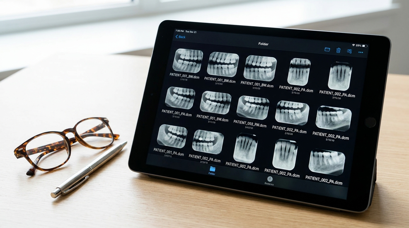 A tablet displaying multiple dental X-ray images is on a light wooden desk next to a pair of tortoiseshell glasses and a silver pen.