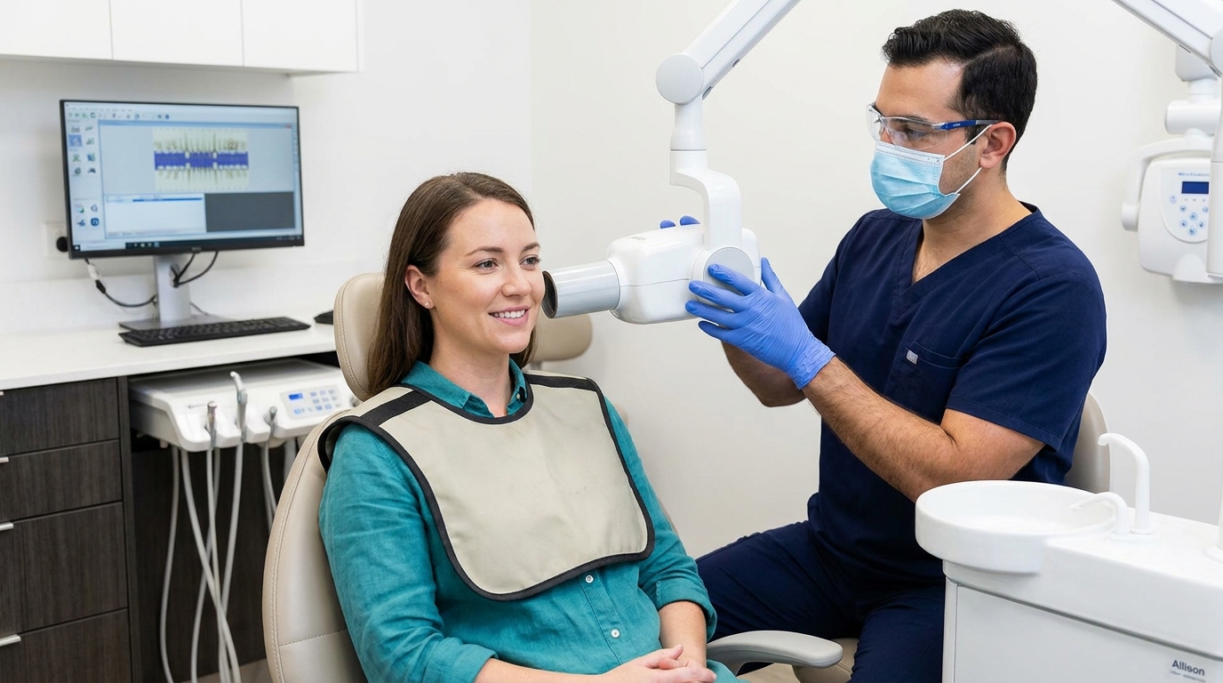 A woman in a dental chair with a lead apron smiles while a male dentist in blue scrubs, a mask, safety glasses, and gloves positions an X-ray machine near her face.