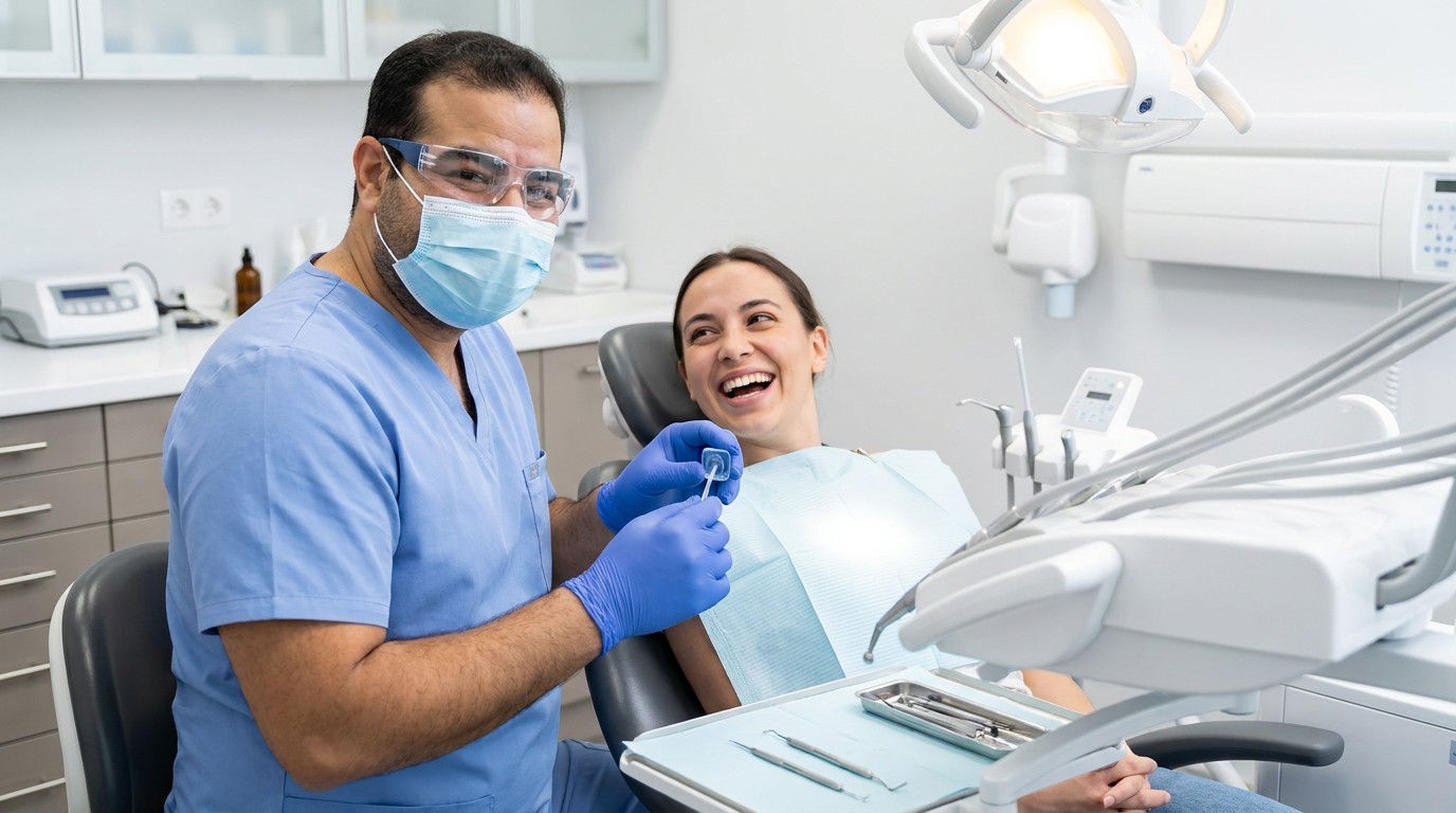 Dr. Mark Farag, wearing blue scrubs, a surgical mask, safety glasses, and blue gloves, holds a small plastic X-ray sensor while a woman in a dental chair laughs.