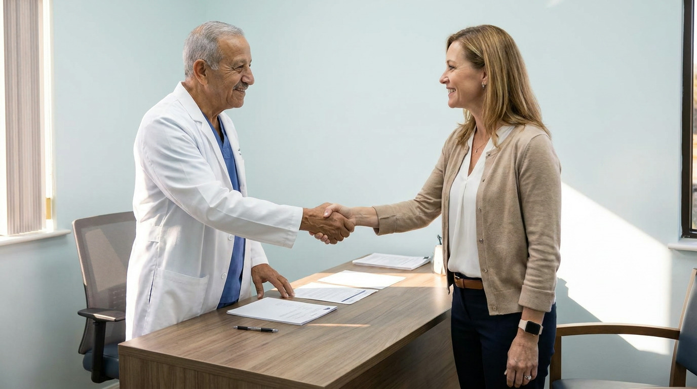 Dr. Maher Farag, wearing a white lab coat over blue scrubs, shakes hands with Taylor, who wears a white blouse and tan cardigan, across a wooden desk with papers and a pen in a light blue office.