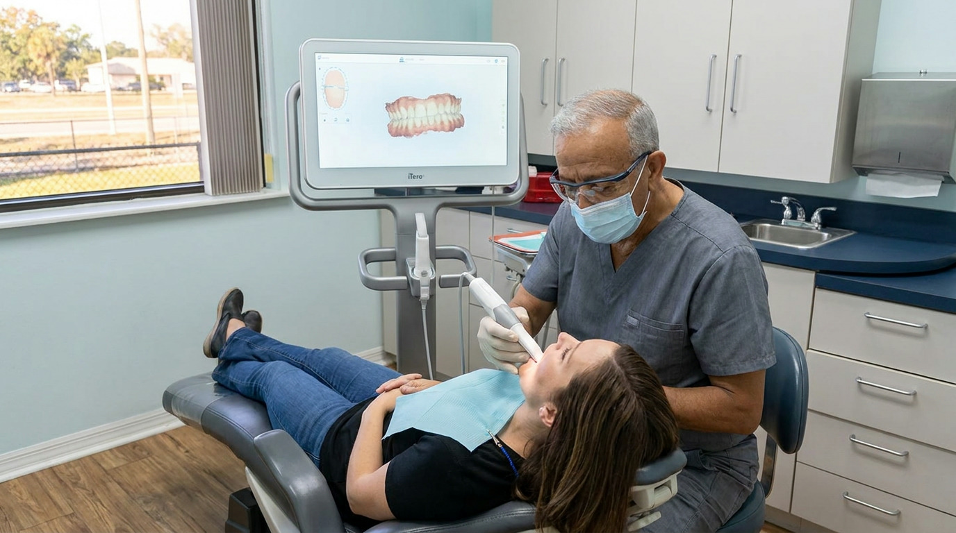 A male dentist in scrubs, mask, and glasses uses an iTero scanner on a female patient in a dental chair, while a screen displays a 3D oral scan in a dental office.