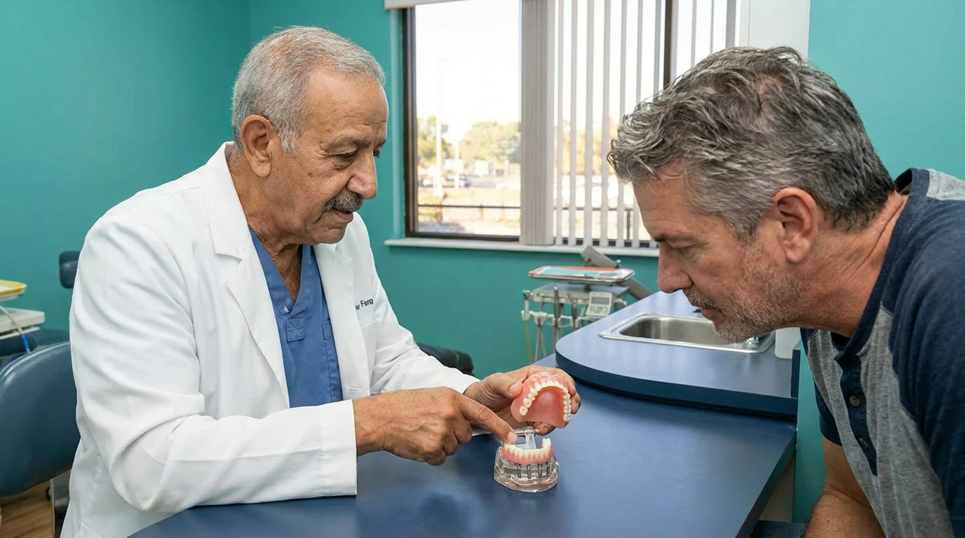 Dr. Maher Farag, in a white lab coat and blue scrubs, points to a dental implant model while showing a full denture to Zachary, who leans in to listen intently at a blue counter in a dental office.