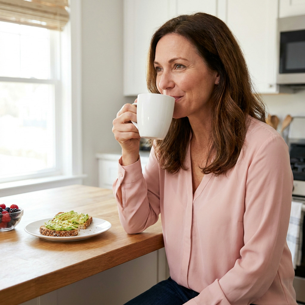 Taylor, wearing a pink blouse, sips from a white mug while sitting at a kitchen counter with avocado toast and a bowl of berries nearby.
