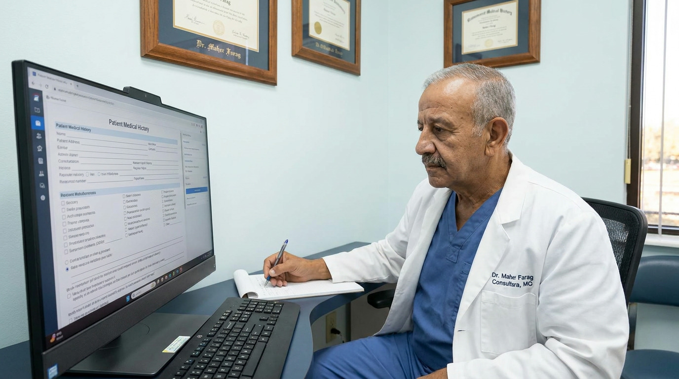 Dr. Maher Farag, wearing blue scrubs and a white lab coat, sits at a desk, looking at a computer monitor displaying a "Patient Medical History" form while writing on a notepad. Framed certificates hang on the light blue wall behind him.
