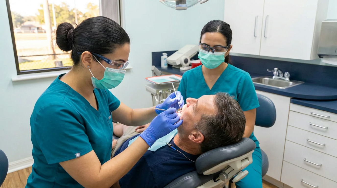 A patient reclines in a dental chair as a dentist in teal scrubs, mask, and safety glasses examines his mouth with tools, while another dental professional in similar attire stands nearby.
