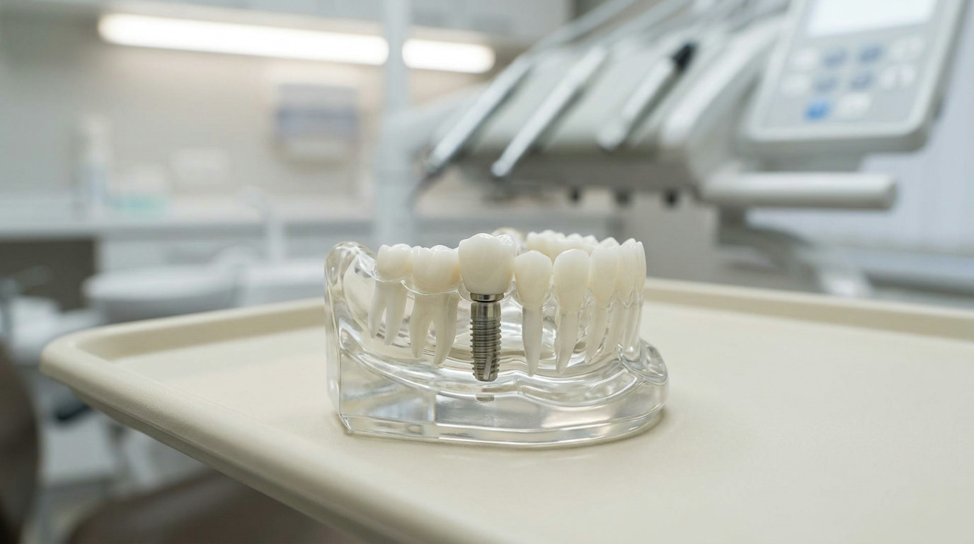 A clear acrylic jaw model with white teeth and a single dental implant is displayed on a light-colored tray in a dental office with blurred equipment in the background.