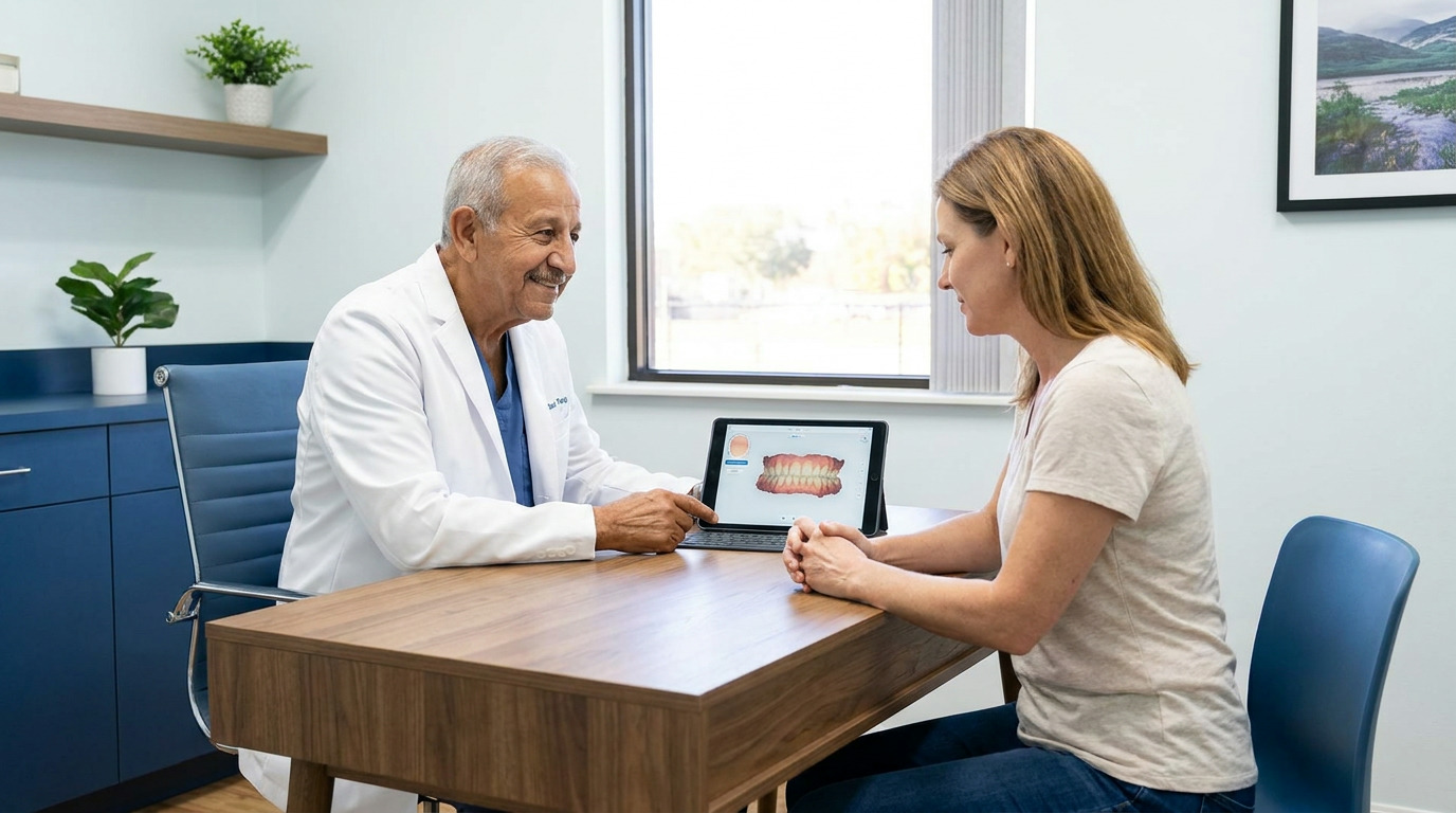 Dr. Maher Farag, wearing a white lab coat, smiles and points at a tablet displaying a 3D dental scan to Taylor, who sits across a wooden desk from him.