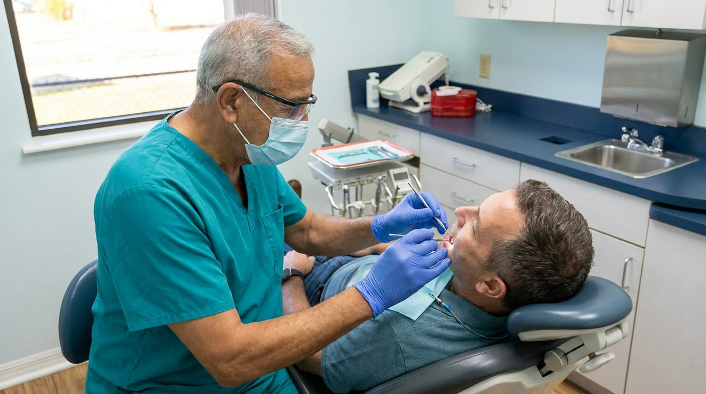 Dr. Maher Farag, wearing teal scrubs, a face mask, and protective eyewear, gently examines a patient's mouth with dental tools while the patient reclines in a dental chair in a clean operatory.