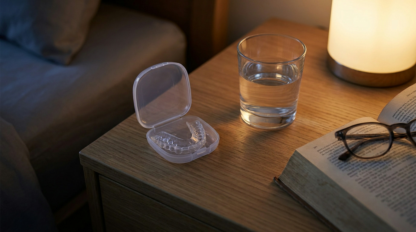 A clear dental night guard sits in an open case on a wooden bedside table next to a glass of water, an open book, reading glasses, and a glowing lamp, with a bed in the background.