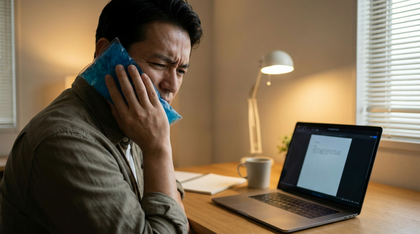 A man with a pained expression holds a blue ice pack to his cheek while sitting at a desk with a laptop, mug, and notebook.
