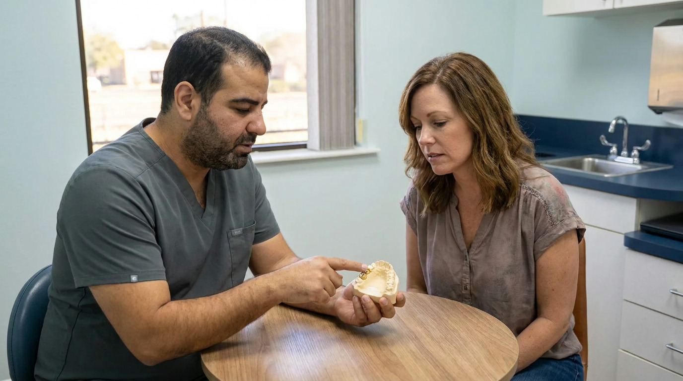 Dr. Mark Farag, wearing gray scrubs, points to a dental model while sitting at a wooden table with a woman in a brown shirt, in a dental consultation room.