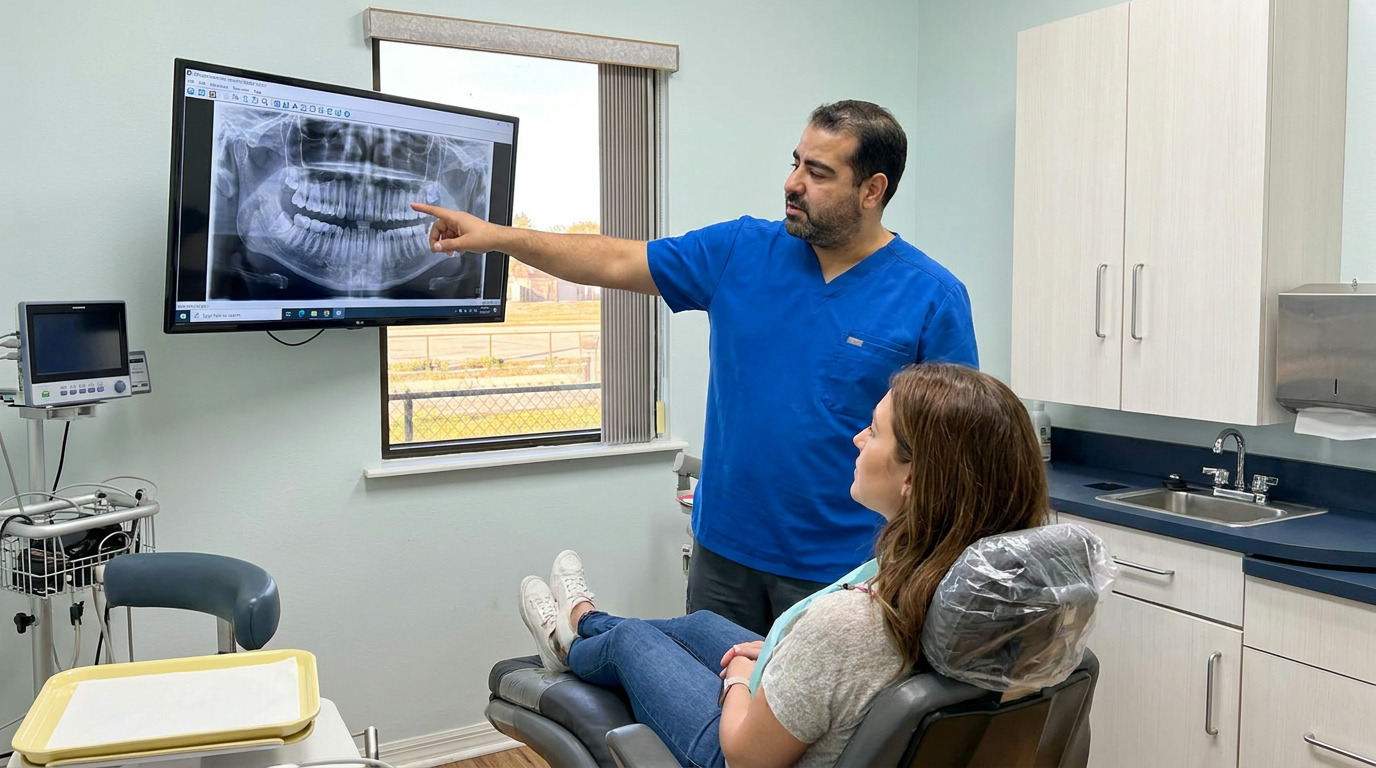 Dr. Mark Farag in blue scrubs points to a dental X-ray on a wall-mounted monitor while Ashley, a patient, sits in a dental chair.