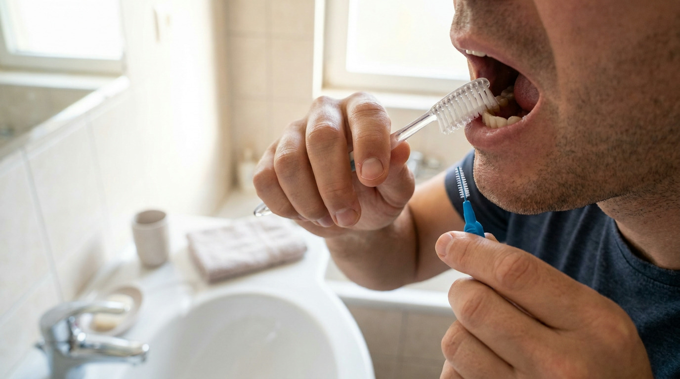 A man brushes his lower teeth with a clear toothbrush while holding an interdental brush in his other hand, in a bathroom with a sink and window in the background.