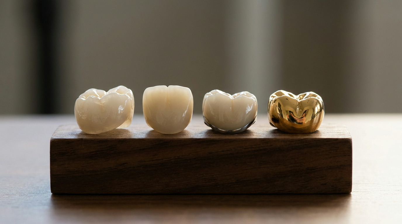 Four dental crowns, three light-colored and one gold, are displayed on a dark wooden block against a blurred background.