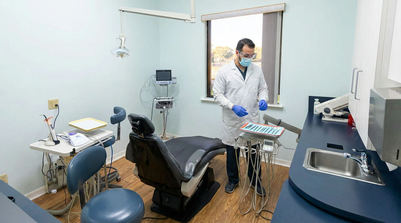 A dentist in a white lab coat, blue gloves, and a face mask stands next to a dental chair and instrument tray in a brightly lit operatory with a window.