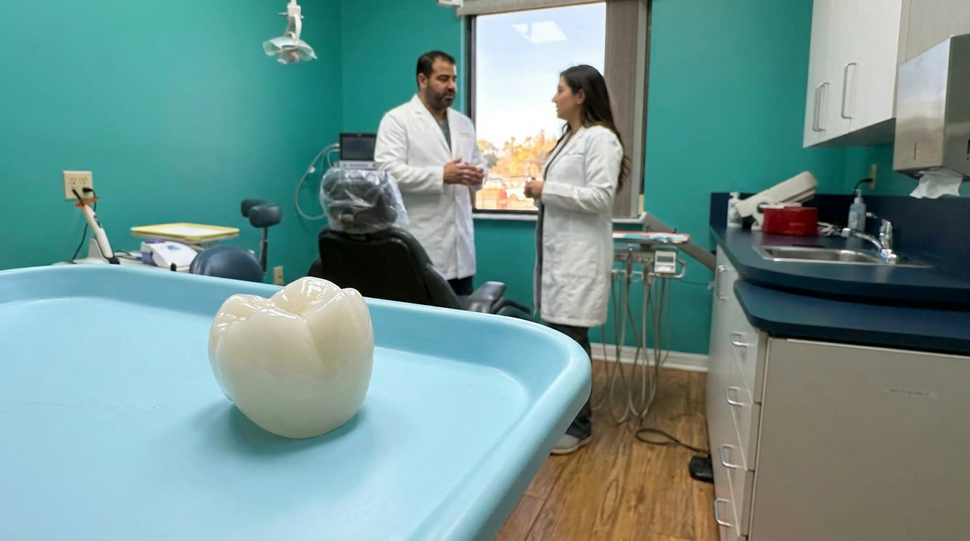 A ceramic dental crown sits on a blue tray in the foreground, with two dentists in white lab coats talking in a dental operatory with teal walls and a window in the background.