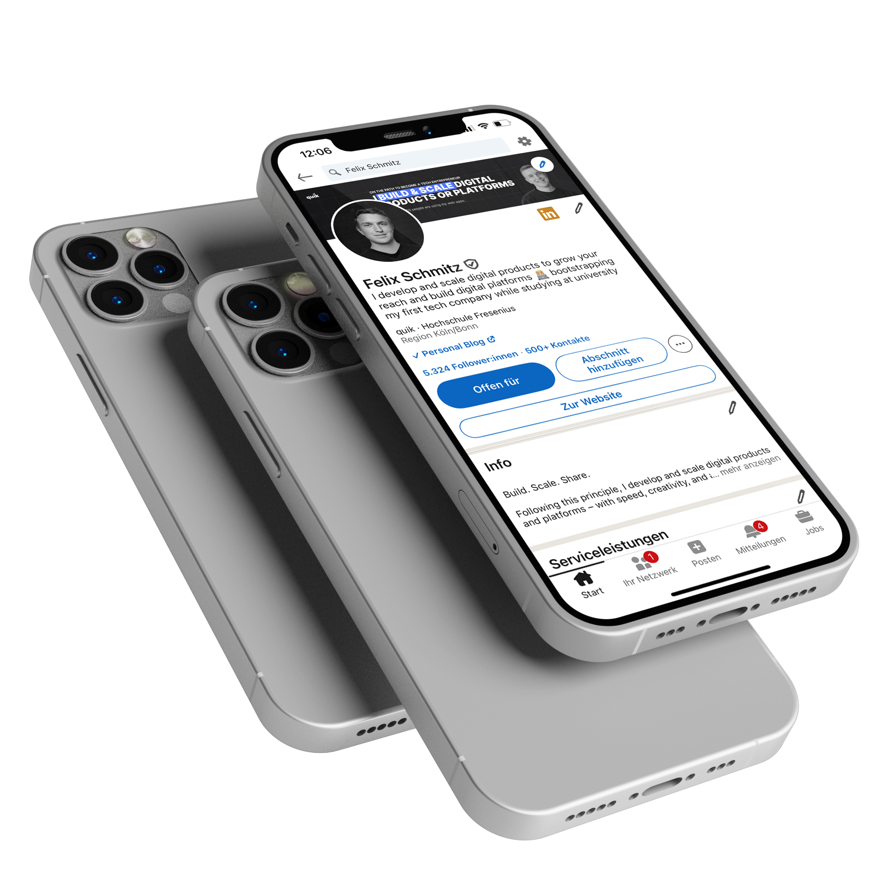 Drei nebeneinander liegende silberne iPhones, das vorderste zeigt ein LinkedIn-Profil von Felix Schmitz auf dem Bildschirm.