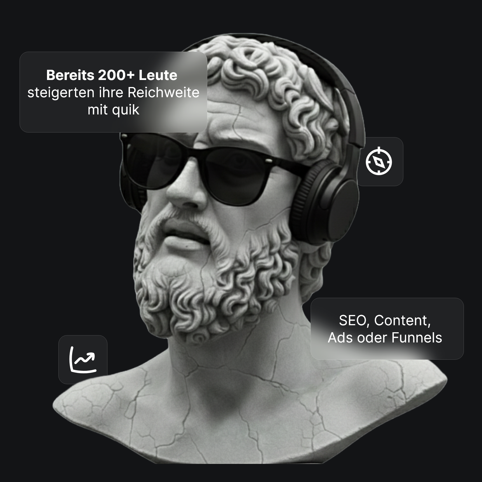 Antike Stateu mit Locken und Bart trägt Sonnenbrille und Kopfhörer vor dunklem Hintergrund mit Texten zu digitalem Marketing.