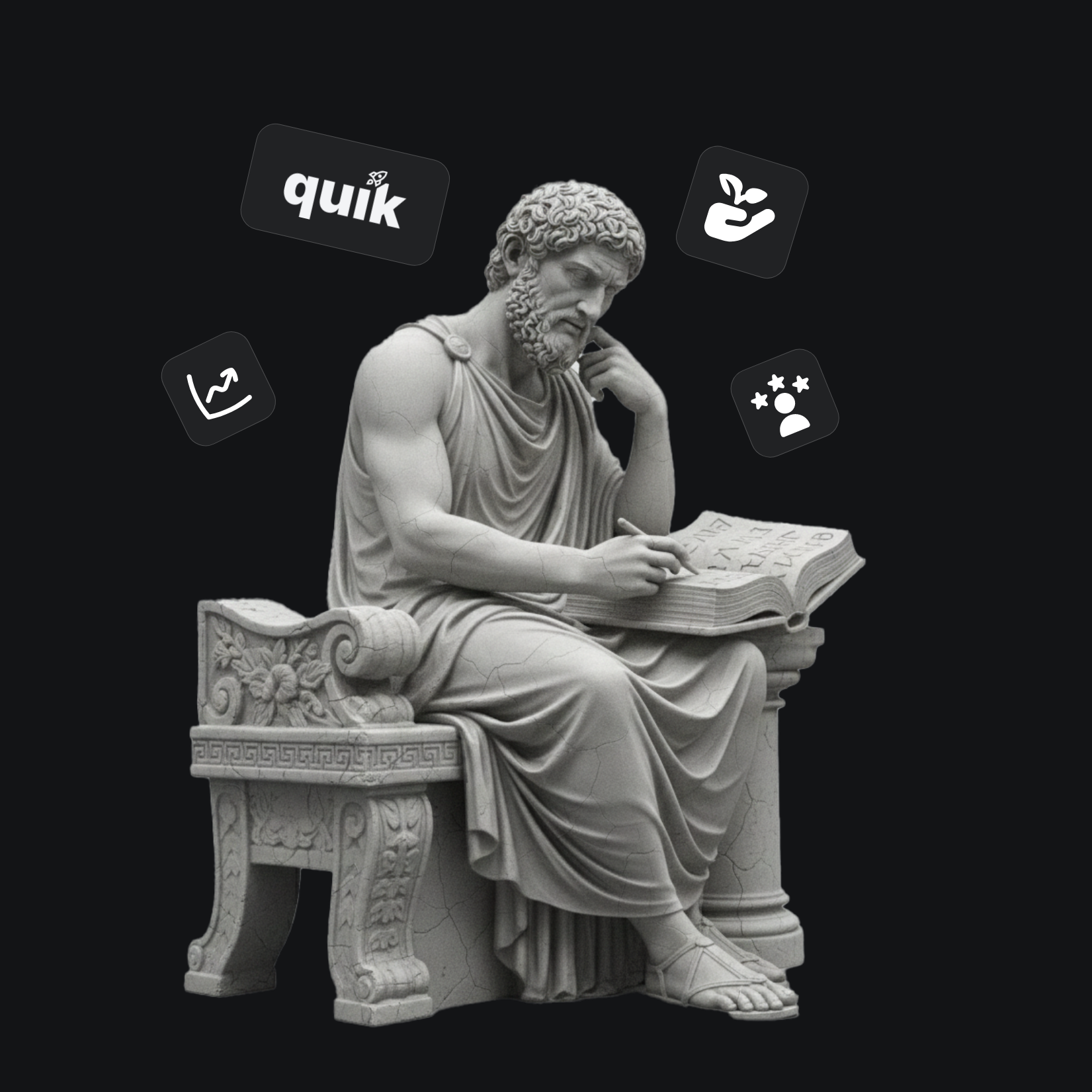 Griechische Statue eines sitzenden Mannes, der in ein Buch schreibt, umgeben von Symbolen für Wachstum, Pflege, Bewertung und dem Schriftzug quik.