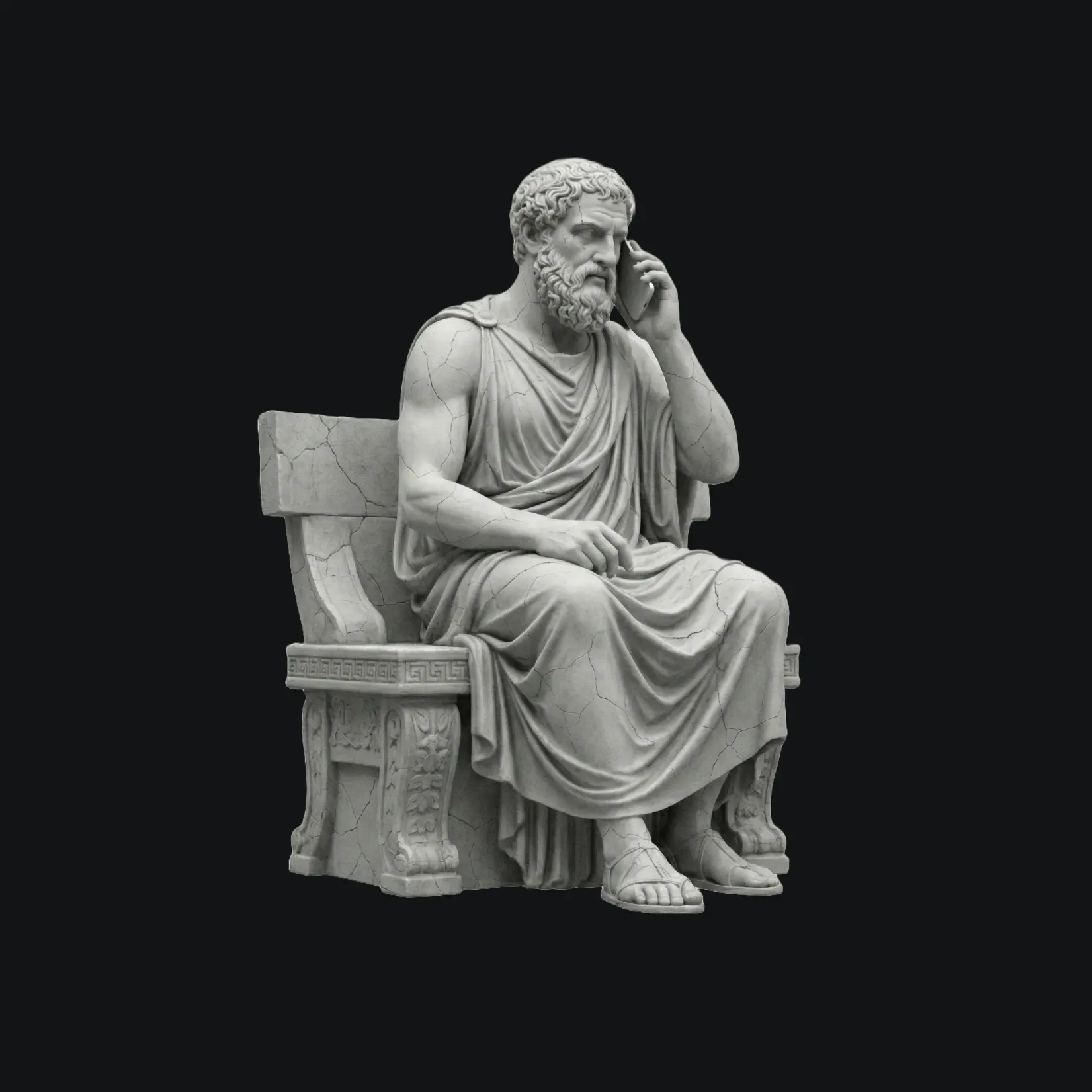 Antike Marmorstatue eines sitzenden Mannes mit Bart und Tunika, der ein Smartphone ans Ohr hält.