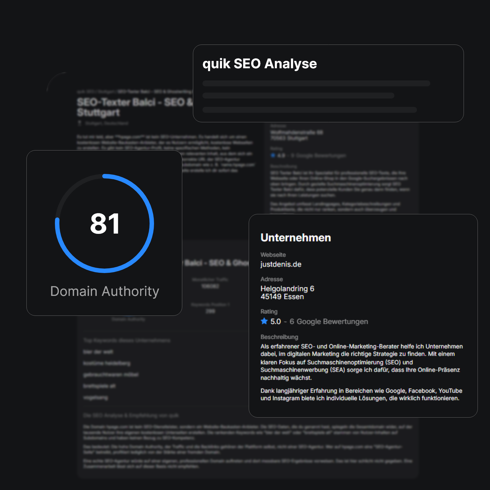 SEO-Analyse-Ergebnis mit Domain Authority Wert von 81 und Unternehmensdetails von justdenis.de mit Adresse in Essen und 5-Sterne-Rating.