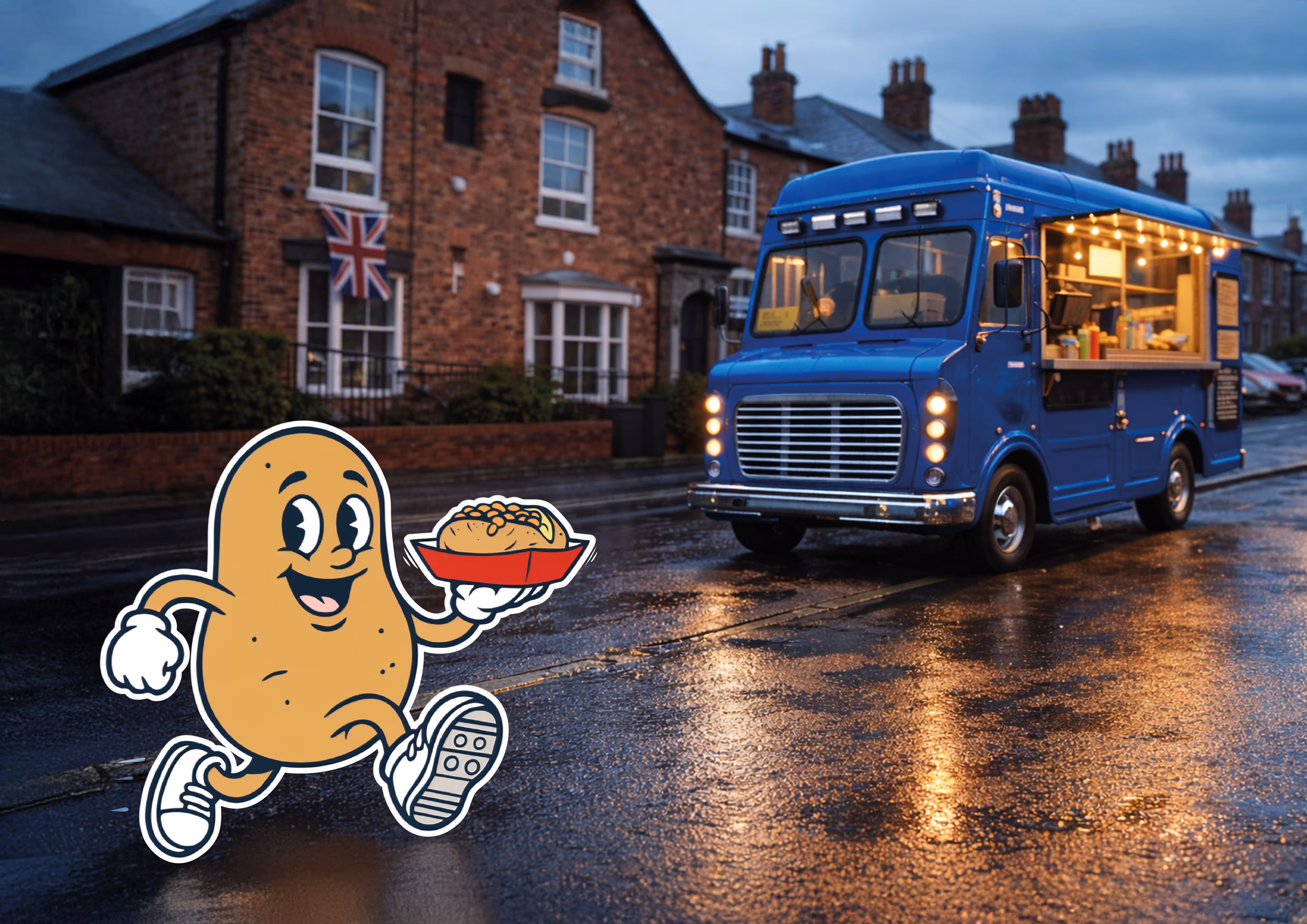 A blue food truck parked on a wet street with a smiling cartoon potato character holding a tray of food walking in front, with brick houses and a Union Jack flag in the background.