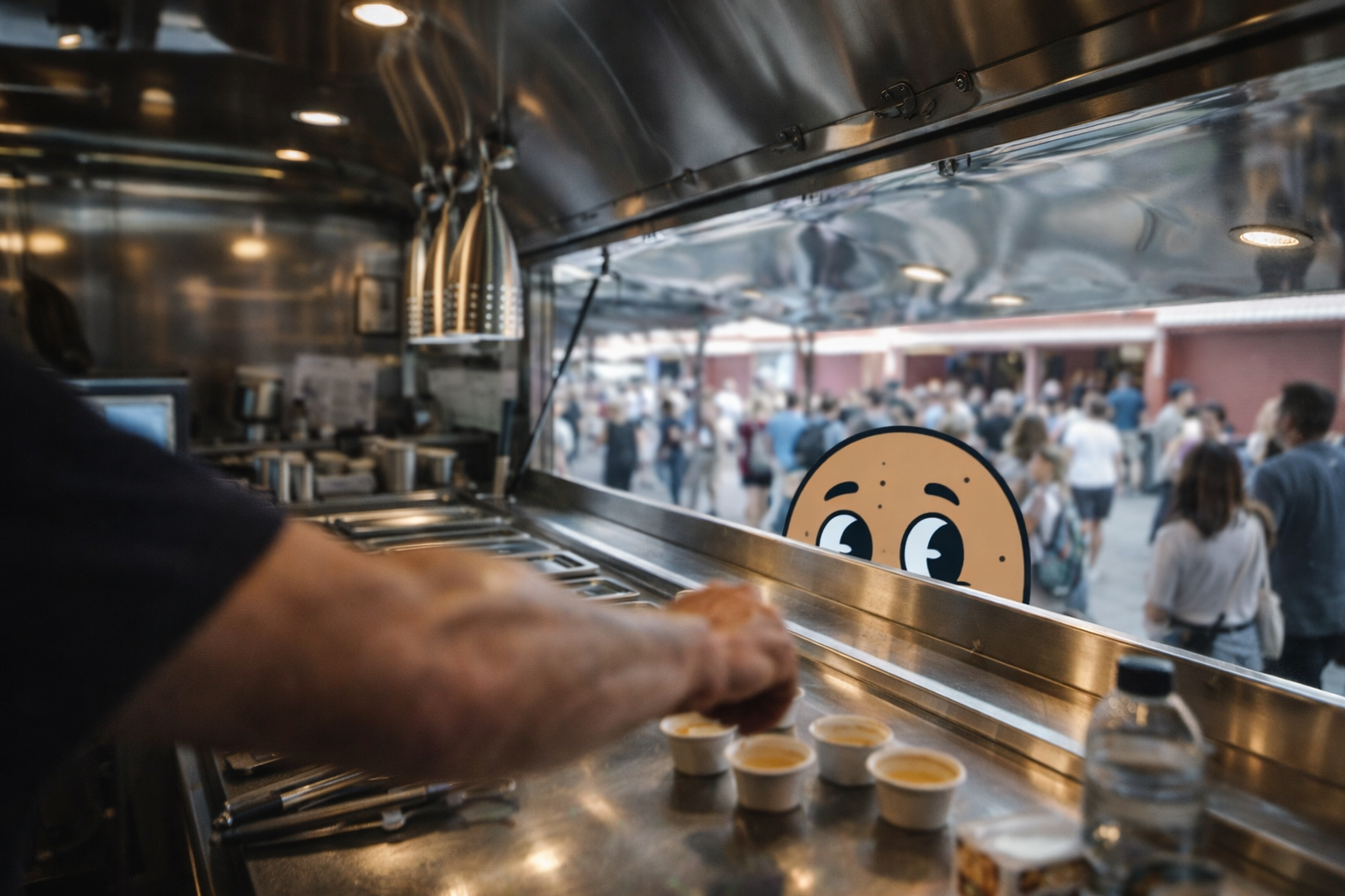 Inside a food truck kitchen, a person serves four small cups of sauce while a cartoon cookie with big eyes peeks through the serving window, with a crowded market in the background.