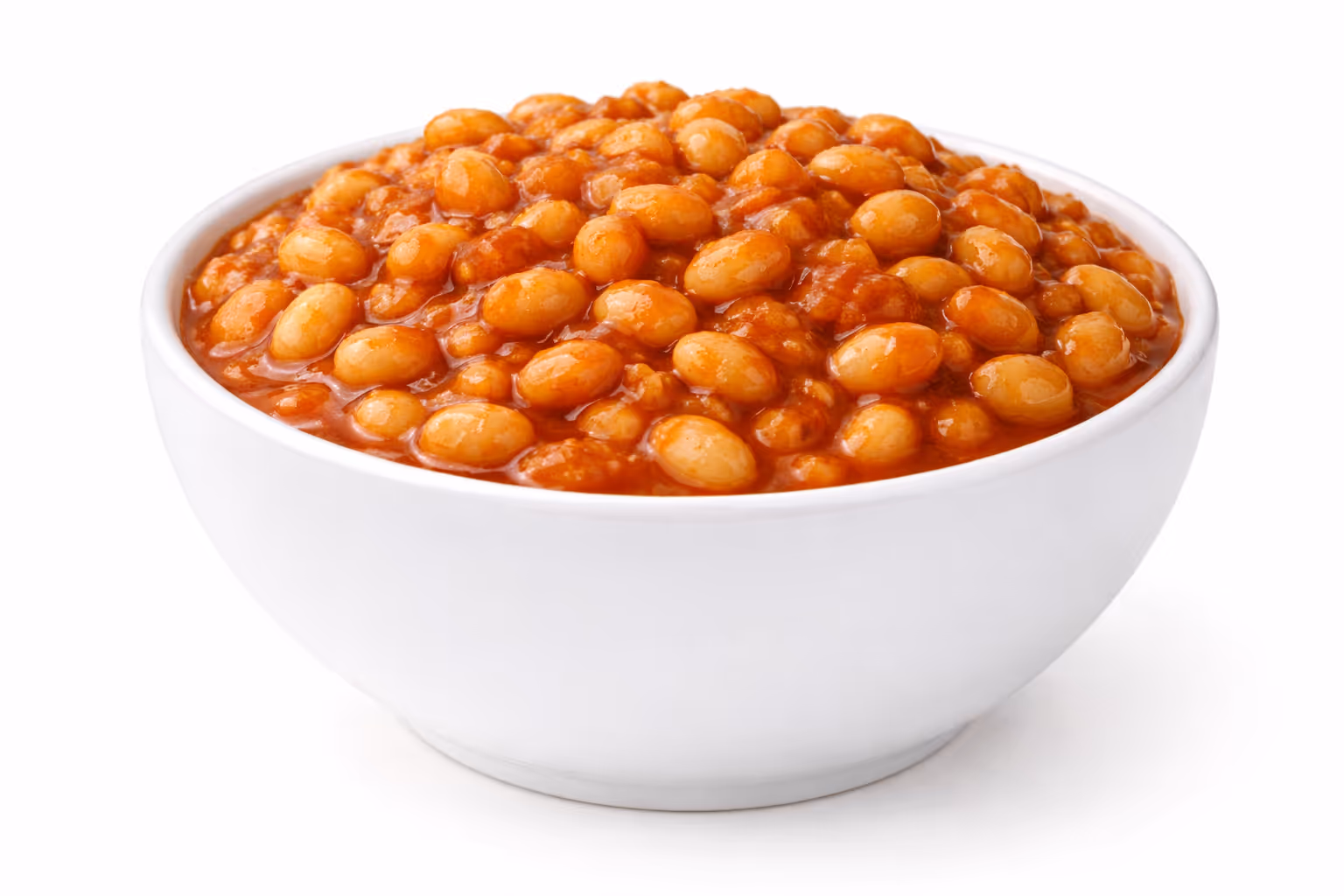 White bowl filled with baked beans in tomato sauce on a white background.