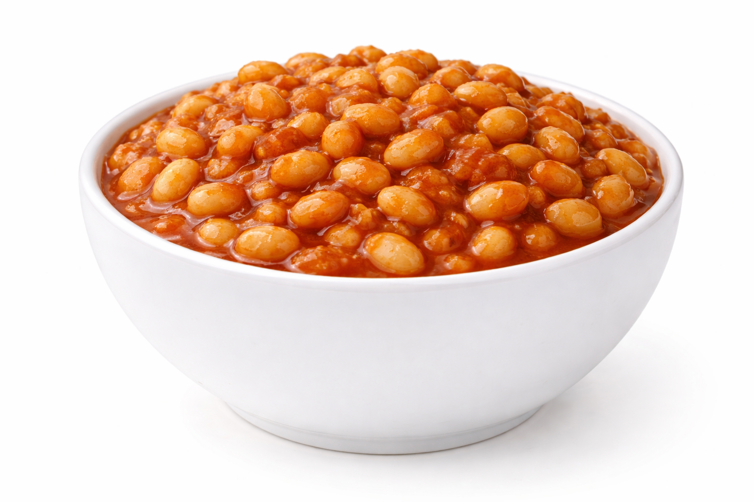White bowl filled with baked beans in tomato sauce on a white background.