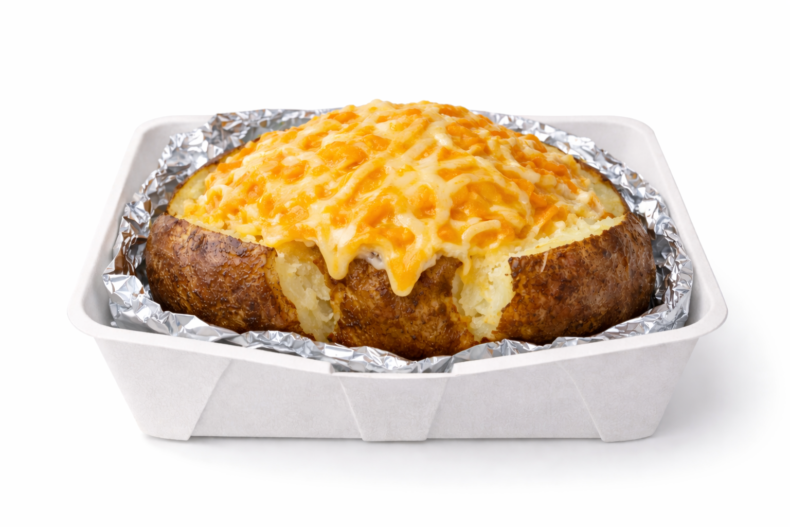 Baked potato with melted cheddar and mozzarella cheese on top in a foil-lined disposable container.