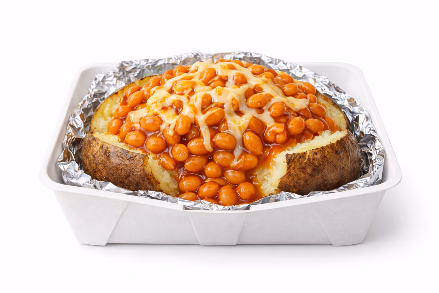 Baked potato topped with baked beans and melted cheese in a foil-lined takeout tray.