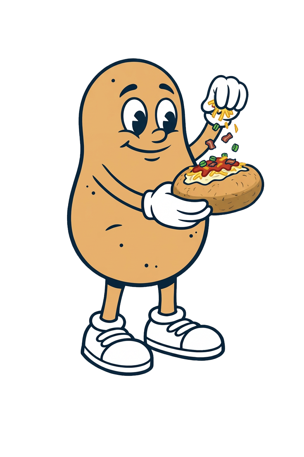Cartoon potato character wearing white gloves and sneakers sprinkling toppings onto a loaded baked potato.