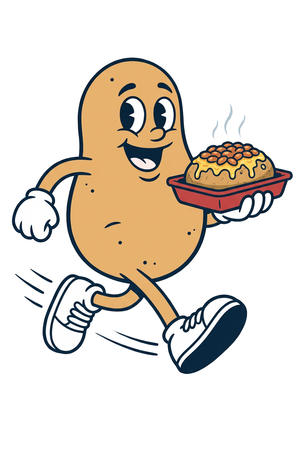 Cartoon potato with a happy face, wearing white gloves and sneakers, running while holding a steaming baked potato topped with melted cheese and beans in a red tray.