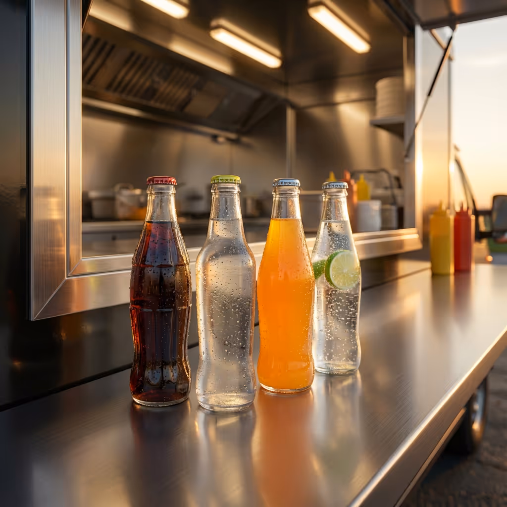Four glass bottles with cold, fizzy drinks on a stainless steel counter at a food truck.