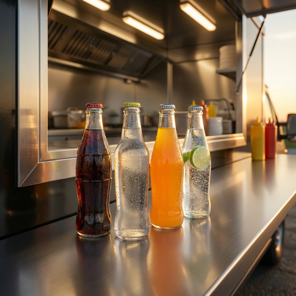 Four glass bottles with cold, fizzy drinks on a stainless steel counter at a food truck.