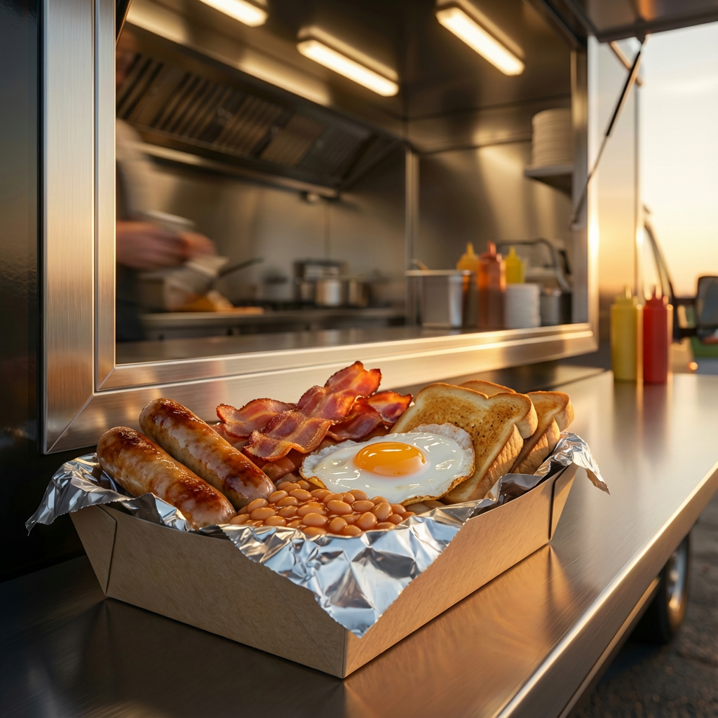 Full English breakfast with sausages, bacon, fried egg, baked beans, and toast served in a takeaway box at a food truck.
