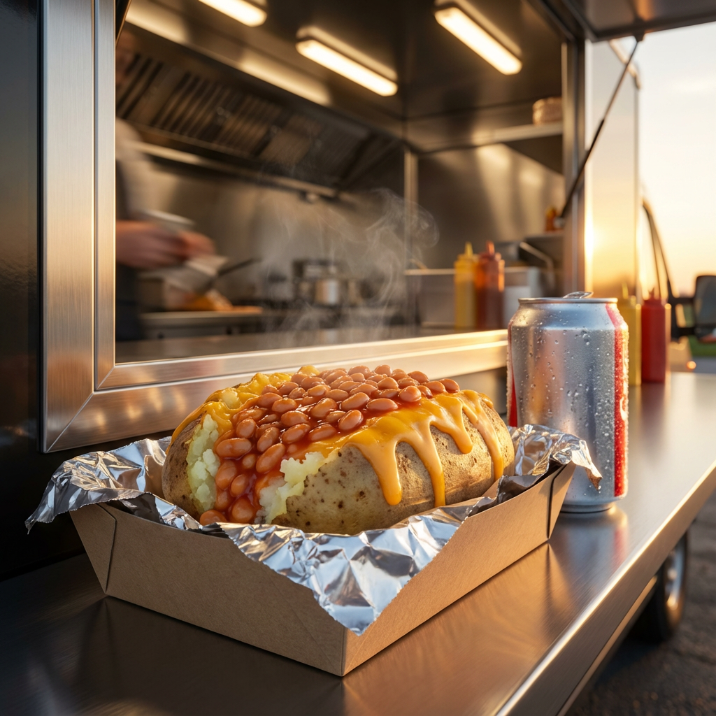 Steaming jacket potato topped with baked beans and melted cheddar cheese in a foil-lined cardboard tray next to a cold canned drink on a food truck counter at sunset.